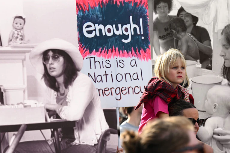 A black and white photo of Anne Summers at Elsie house for women, with a modern image of a young girl at a rally with a sign saying 'Enough! This is a National Emergency'.