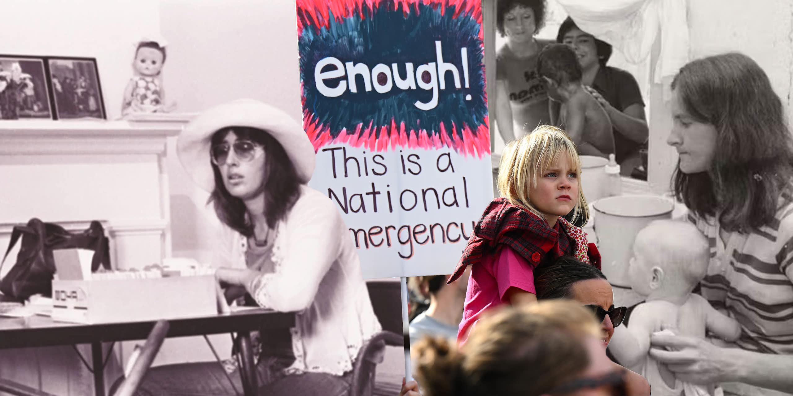 A black and white photo of Anne Summers at Elsie house for women, with a modern image of a young girl at a rally with a sign saying 'Enough! This is a National Emergency'.