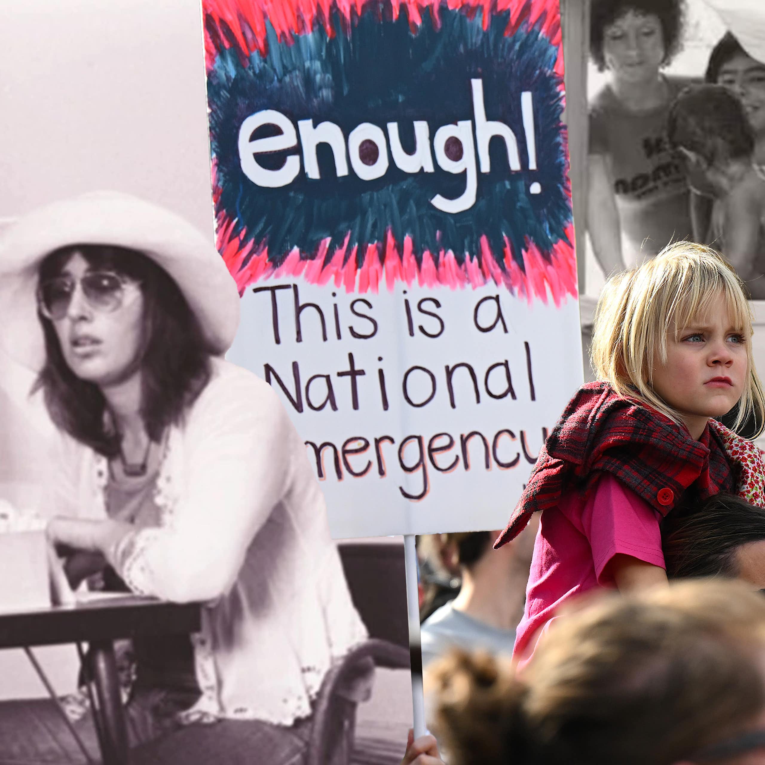A black and white photo of Anne Summers at Elsie house for women, with a modern image of a young girl at a rally with a sign saying 'Enough! This is a National Emergency'.