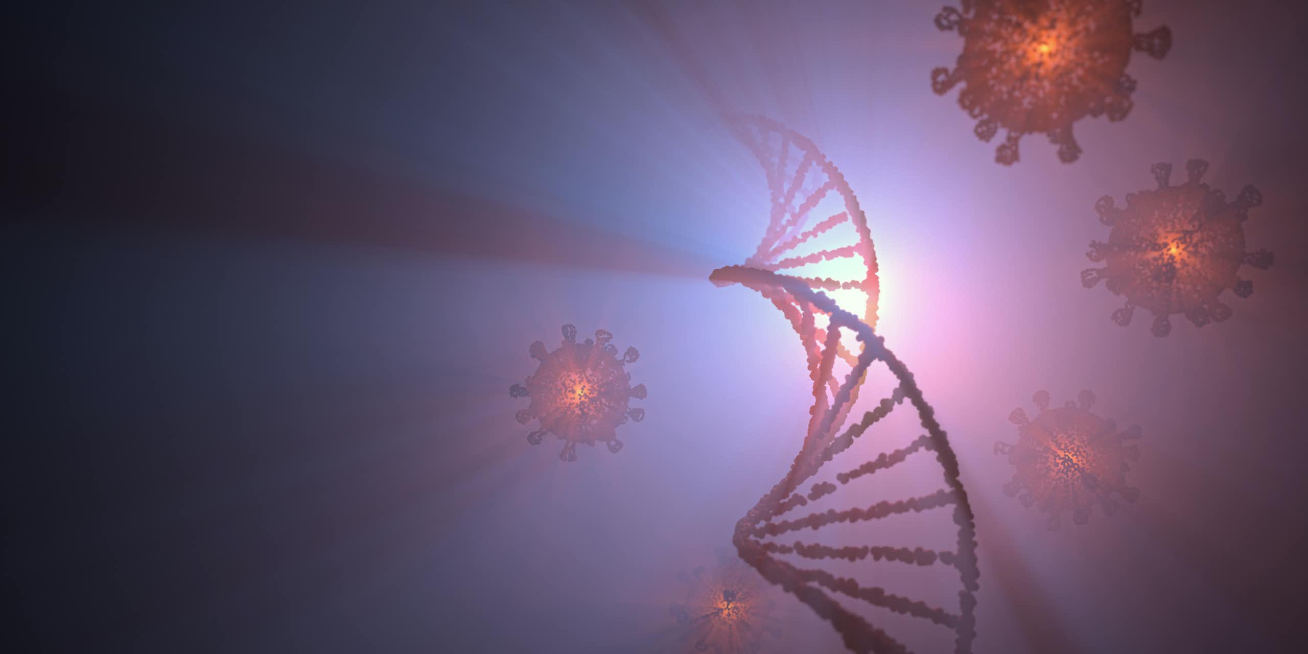  Illustration of DNA helix stretching up into an opaque light as virus particles float around it