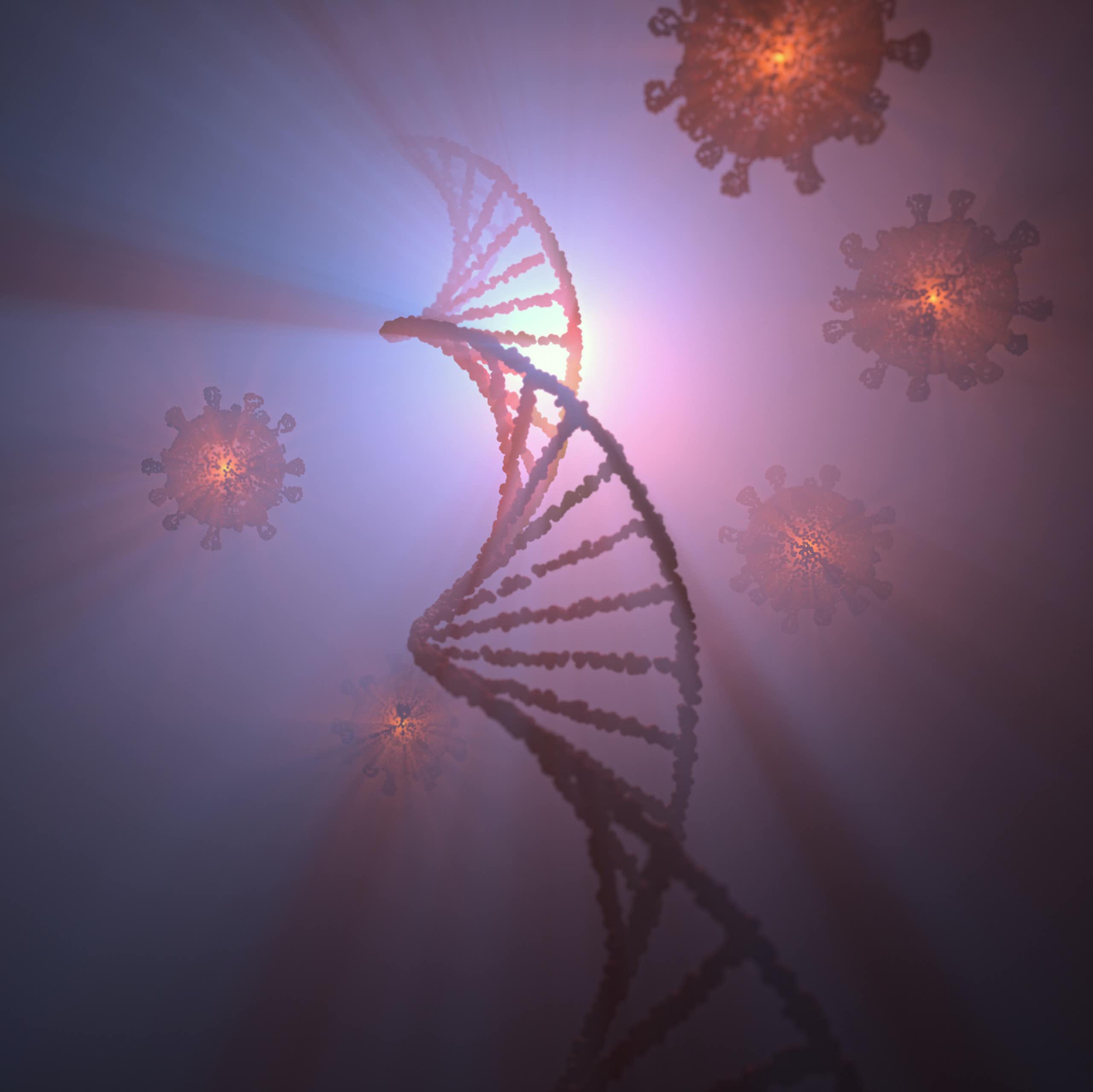  Illustration of DNA helix stretching up into an opaque light as virus particles float around it