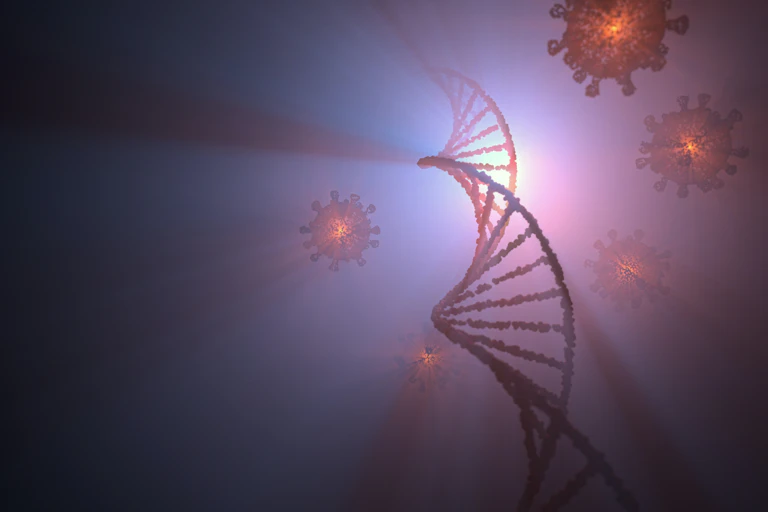 Illustration of DNA helix stretching up into an opaque light as virus particles float around it