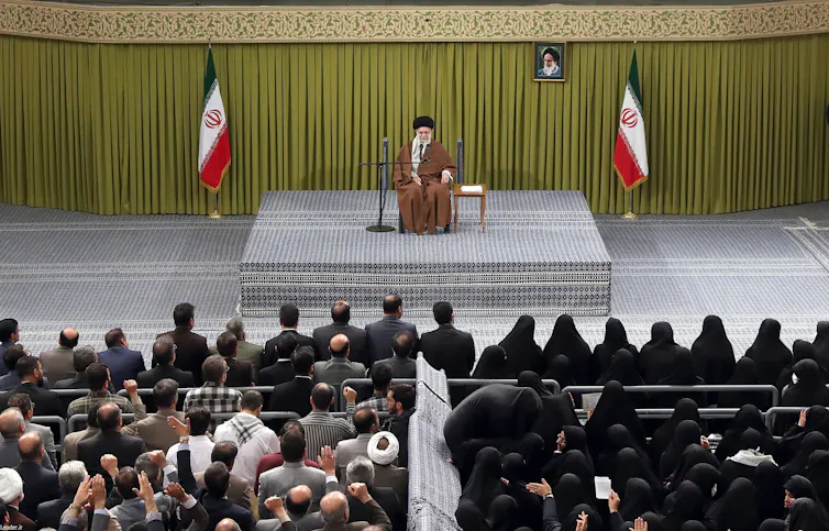 Iranian Supreme Leader Ayatollah Khamenei addresses the crowd.