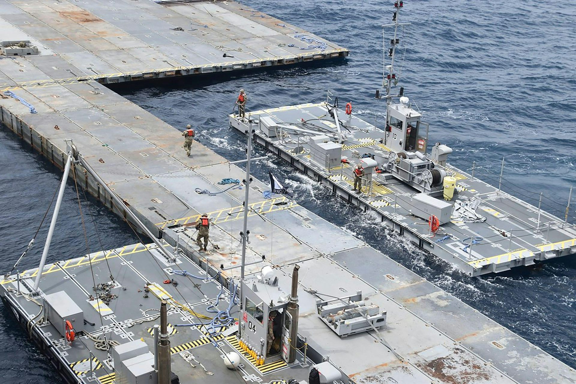The floating pier being built by US troops off the coast of Gaza, April 2024.