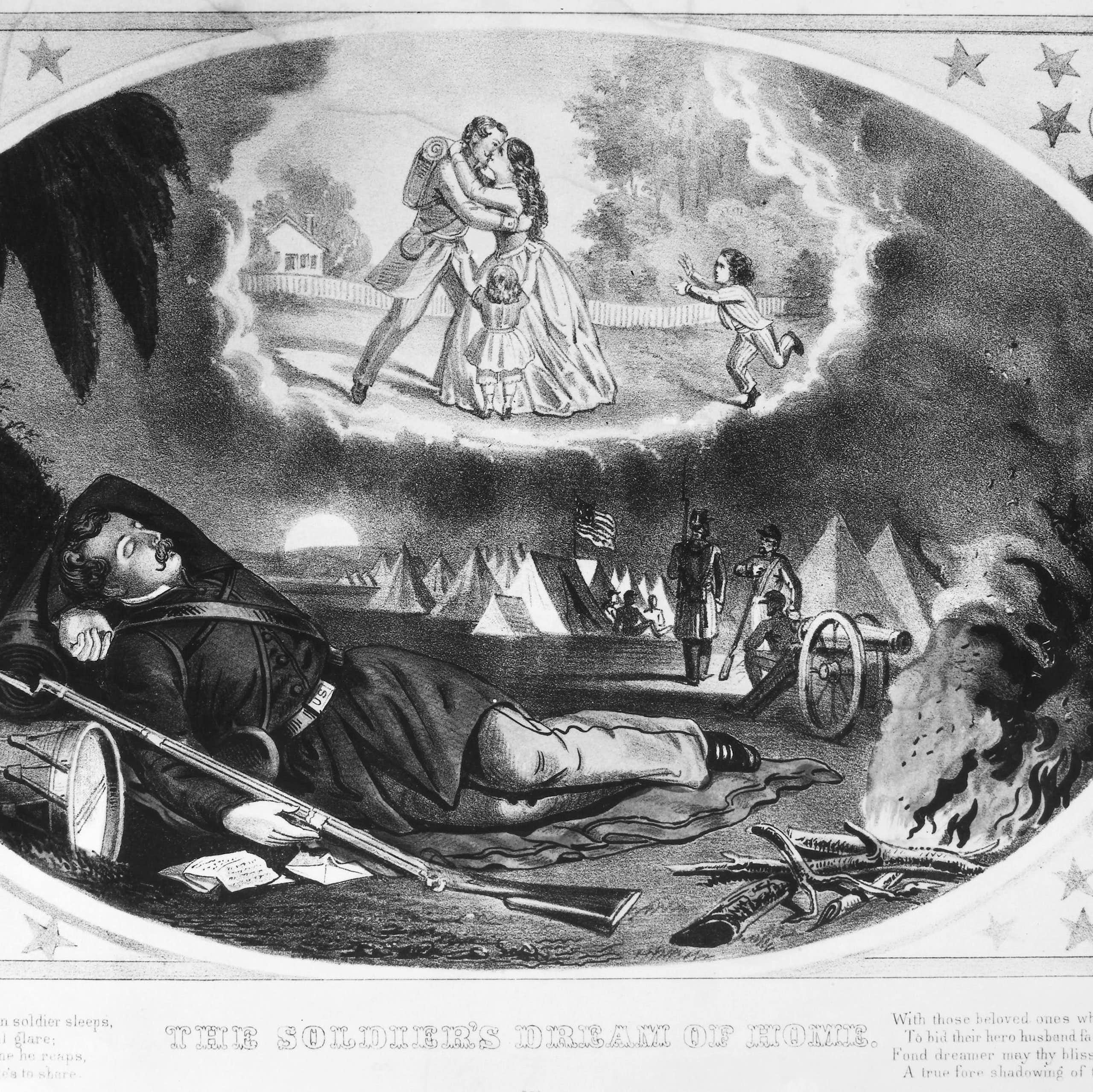 A lithograph of a union soldier, who lays on the ground and dreams about his family.