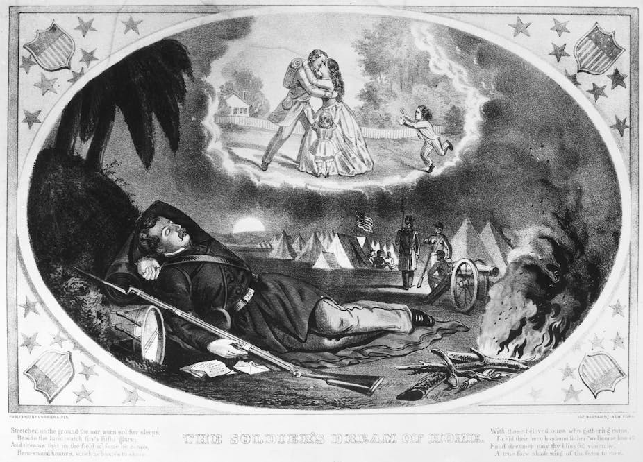 A lithograph of a union soldier, who lays on the ground and dreams about his family.