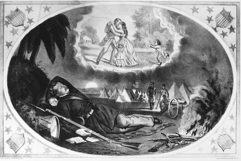 A lithograph of a union soldier, who lays on the ground and dreams about his family.