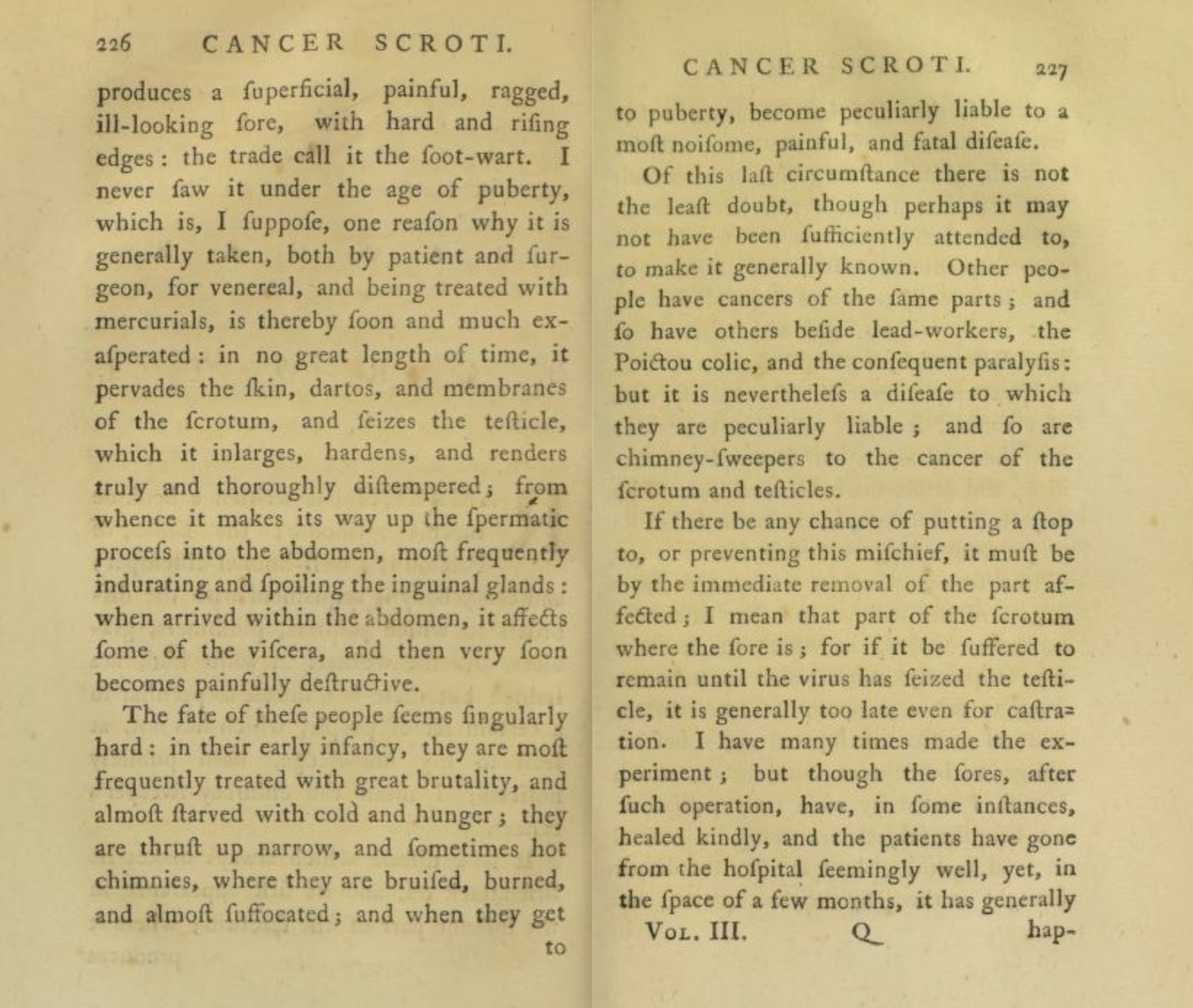 Extrait de l’ouvrage Les travaux chirurgicaux de Percivall Pott, rédigé par le médecin lui-même en 1783 et où il décrit ses intuitions sur l’origine du carcinome des ramoneurs