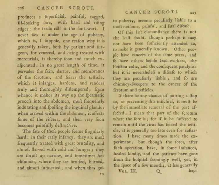 Extrait de l’ouvrage Les travaux chirurgicaux de Percivall Pott, rédigé par le médecin lui-même en 1783 et où il décrit ses intuitions sur l’origine du carcinome des ramoneurs