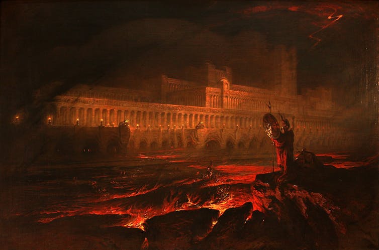 A painting showing a building with tall pillars surrounded by fires all around it. Hell