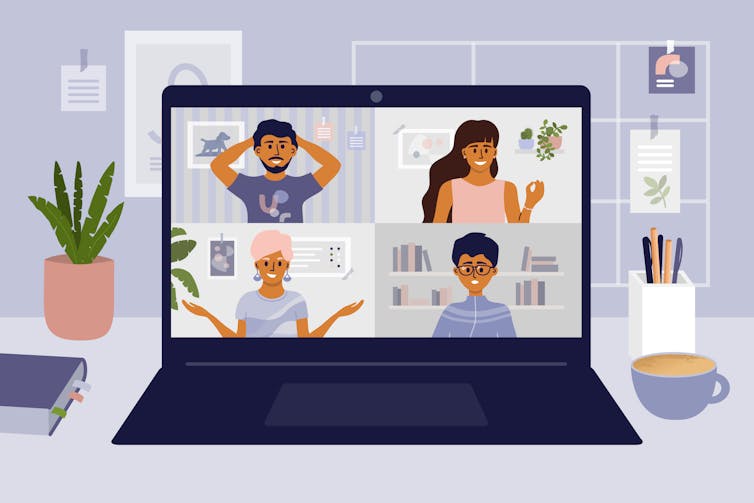 Illustration of a laptop on a desk with four smiling, chatty colleagues on the screen in a zoom call