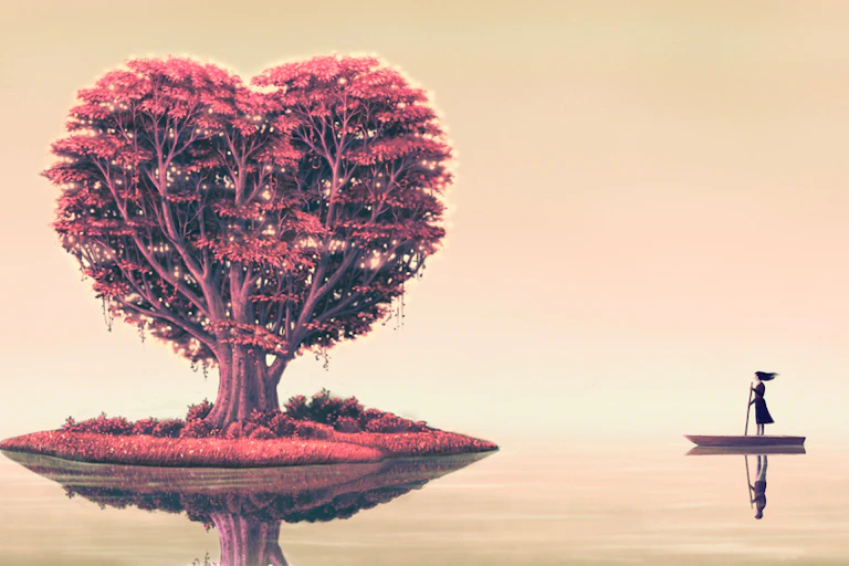 Arbre en forme de cœur sur une île et personne sur une barque