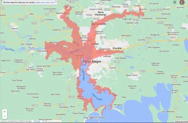 Mapa mostra área da cidade de Porto Alegre. Boa parte da cidade está marcada em vermelho, indicando maior risco de inundação