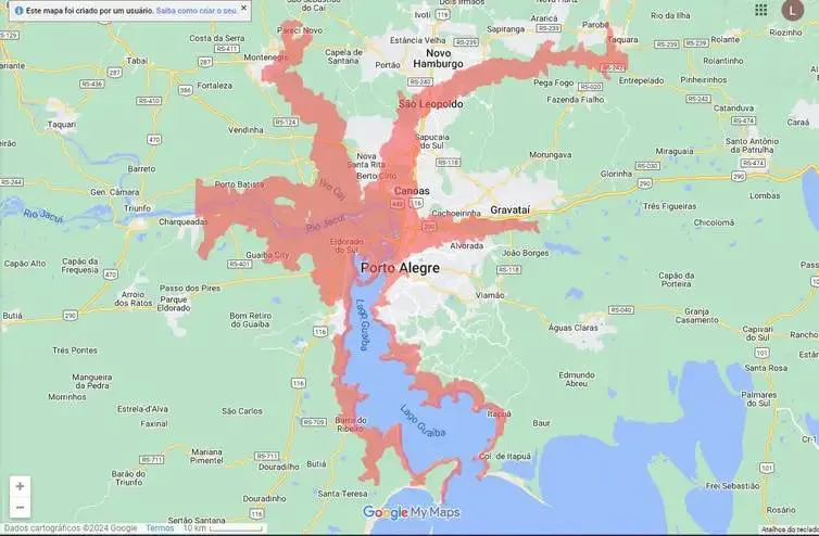 Mapa mostra área da cidade de Porto Alegre. Boa parte da cidade está marcada em vermelho, indicando maior risco de inundação