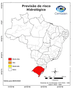 Mapa do Brasil mostra todo o estado do Rio Grande do Sul em vermelho, o que representa risco muito alto de eventos hidrológicos