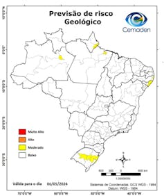 Mapa do Brasil mostra boa parte do Rio Grande do Sul marcado em amarelo, representando regiões com risco geológico moderado