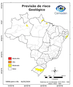 Mapa do Brasil mostra boa parte do Rio Grande do Sul marcado em amarelo, representando regiões com risco geológico moderado