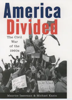A chaotic image of student activists mounting a statue on a college campus during the 1960s.
