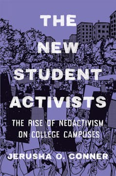 An illustration of student activists on a city street holding signs while marching.