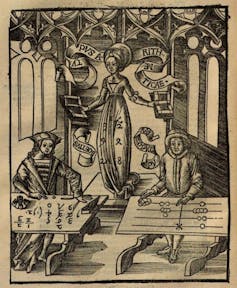 A medieval illustration showing a person using an abacus on one side and manipulating symbols on the other.