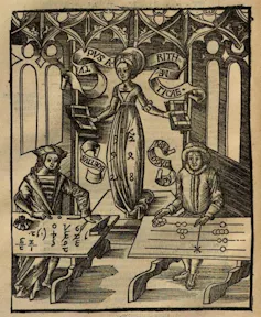 Uma ilustração medieval que mostra uma pessoa usando um ábaco de um lado e manipulando símbolos do outro.