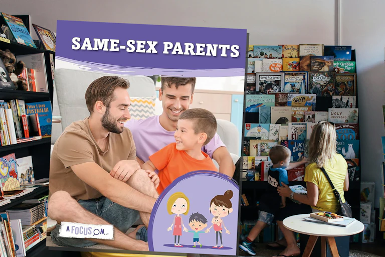 Mother and child in library with the cover of a book with the title 'Same-Sex Parents' superimposed on the left