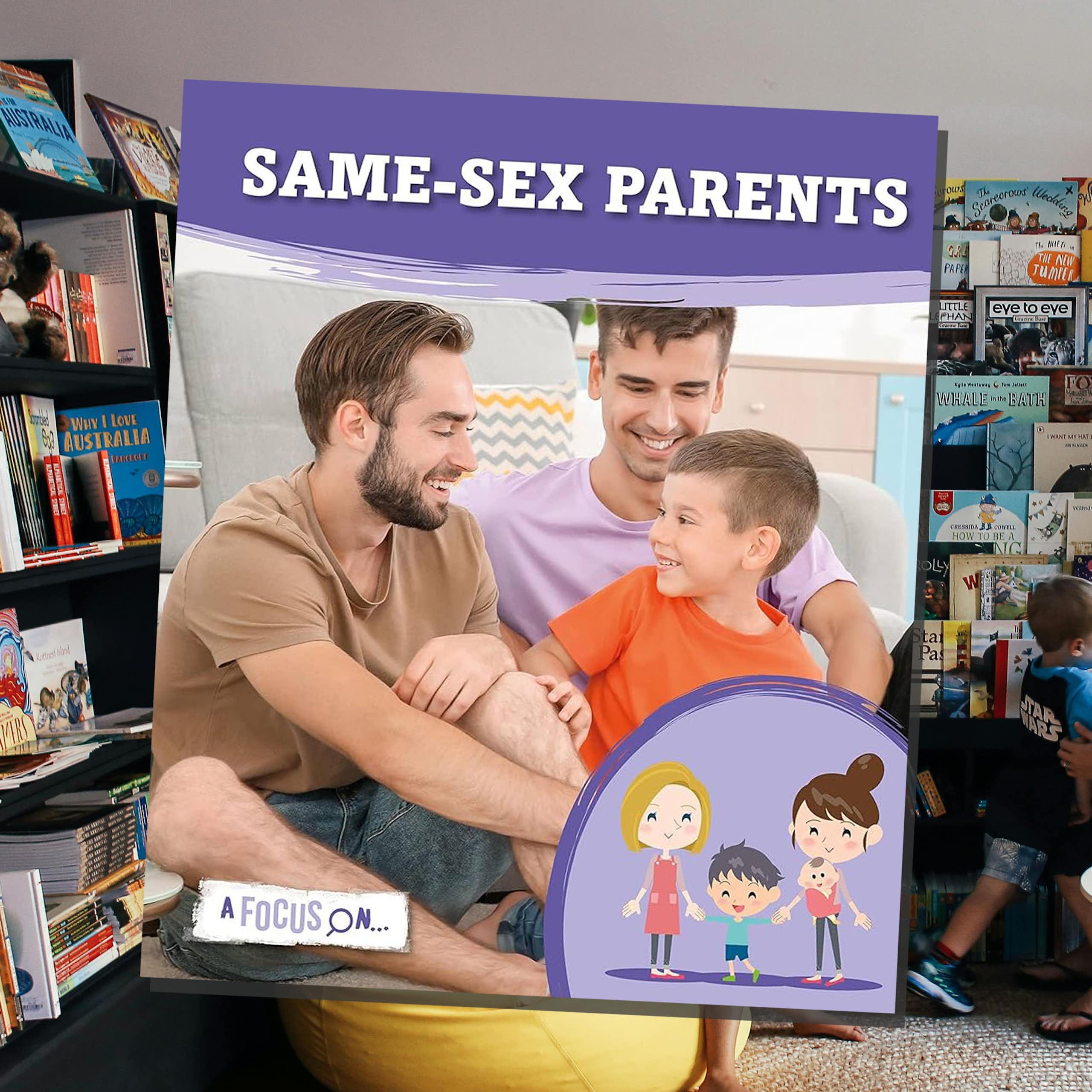 Mother and child in library with the cover of a book with the title 'Same-Sex Parents' superimposed on the left