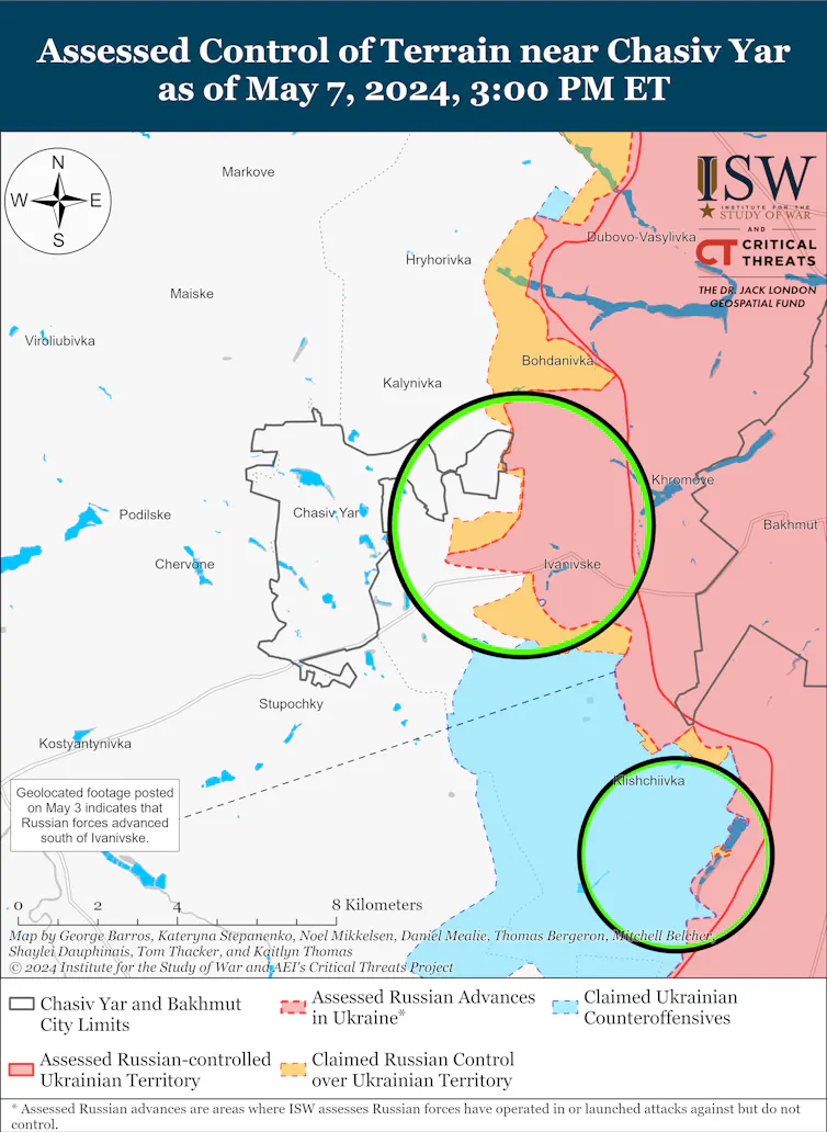 ISW map showing Russian territorial gains around the city of Chasiv Yar.