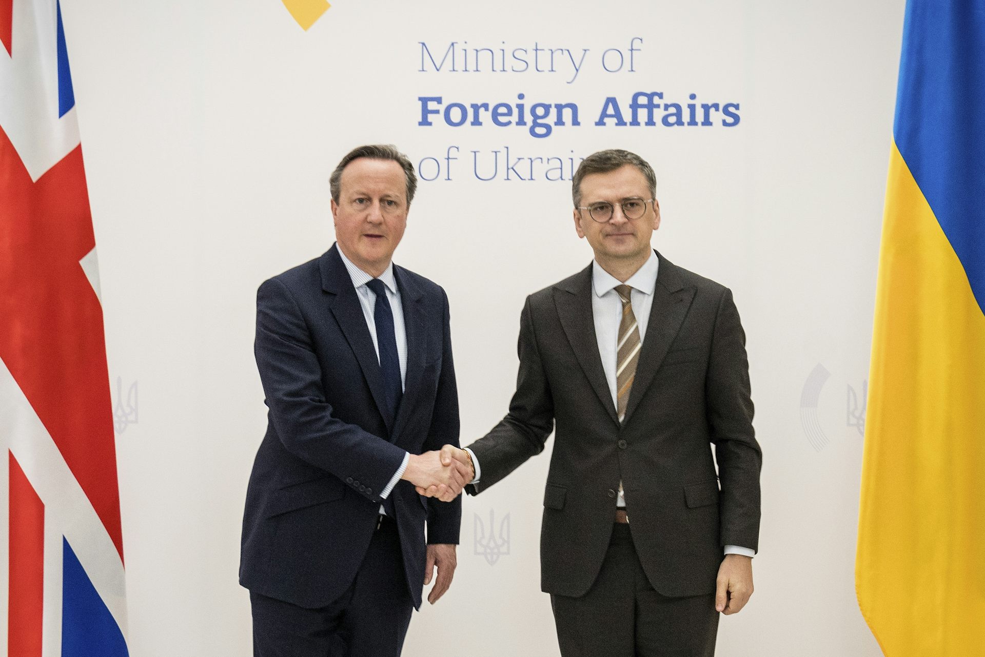 The UK foreign secretary, David Cameron, shakes hands with his opposite number in Ukraine, foreign minister Dmytro Kuleba at a meeting in Kyiv, May 2024.