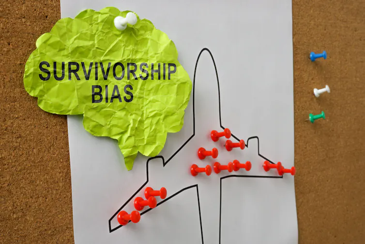 A drawing of a plane with red pins stuck in the parts that had been hit by enemy fire.