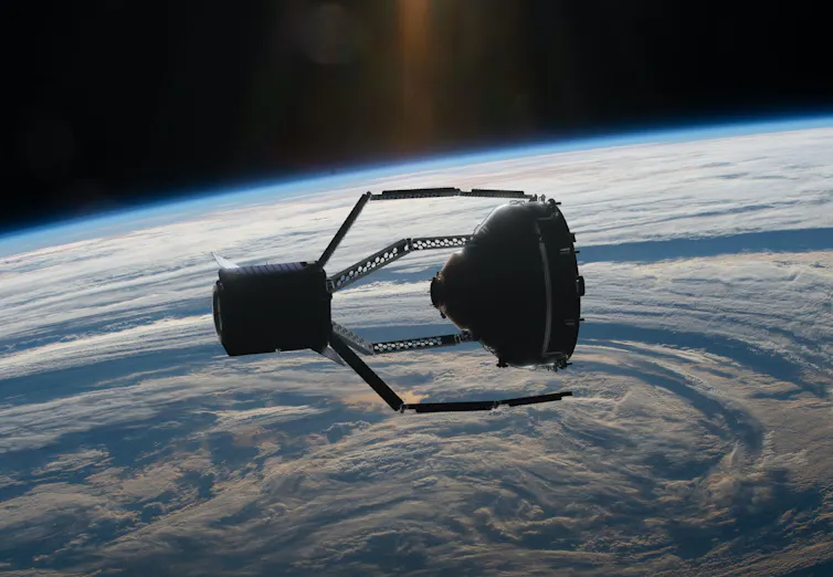 Representación de la misión ClearSpace-1 atrapando una etapa del lanzador Vega.