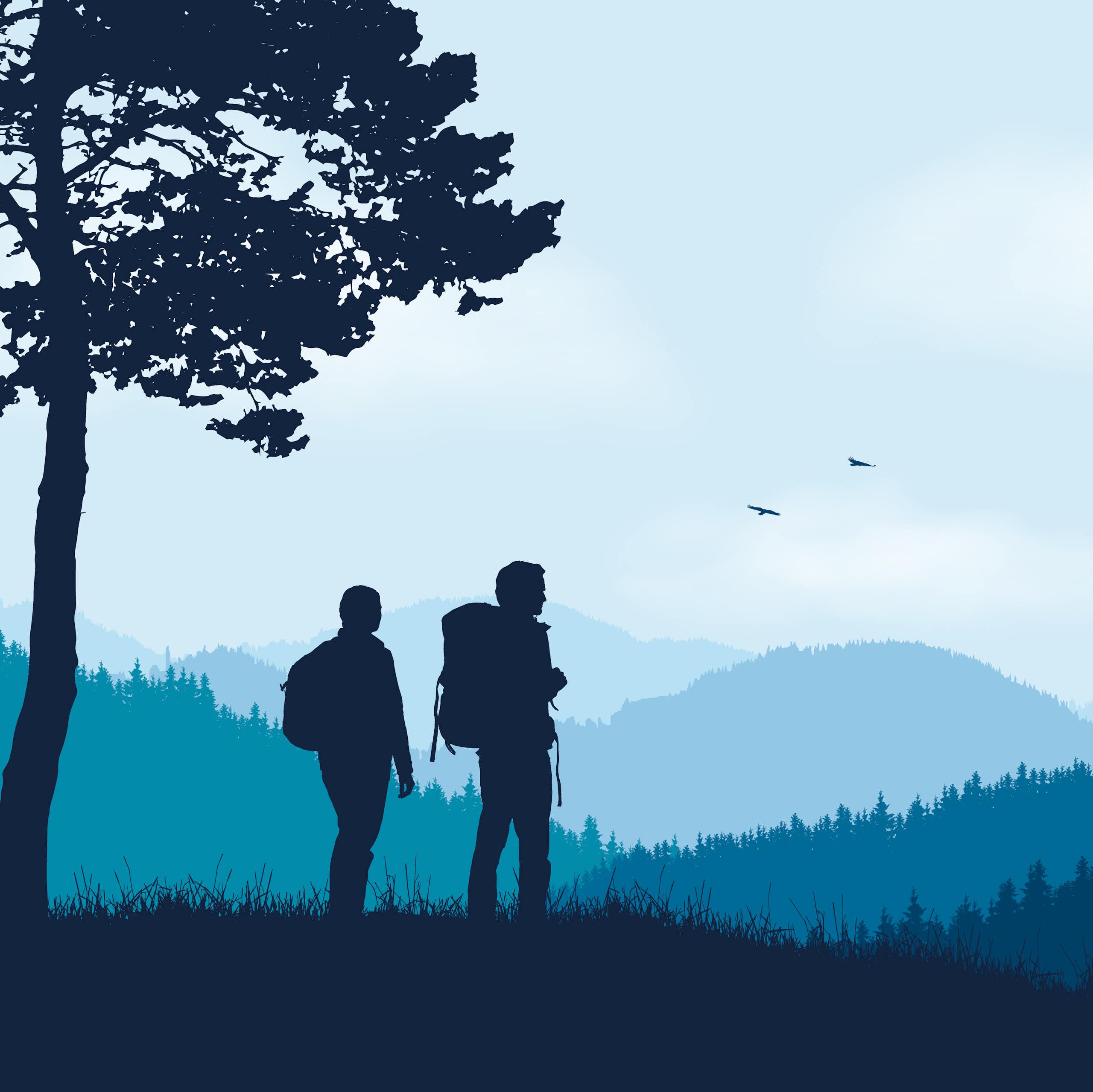 Two hikers in a landscape. 