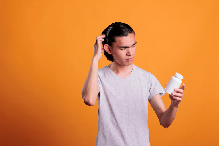 A man in a white T-shirt looking at a medication bottle against an orange background