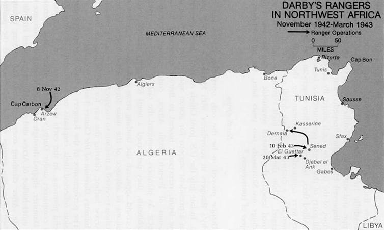 A map of North Africa showing locations of particular battles.