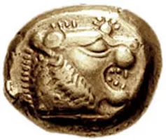 Early Lydian gold coin showing the head of a lion