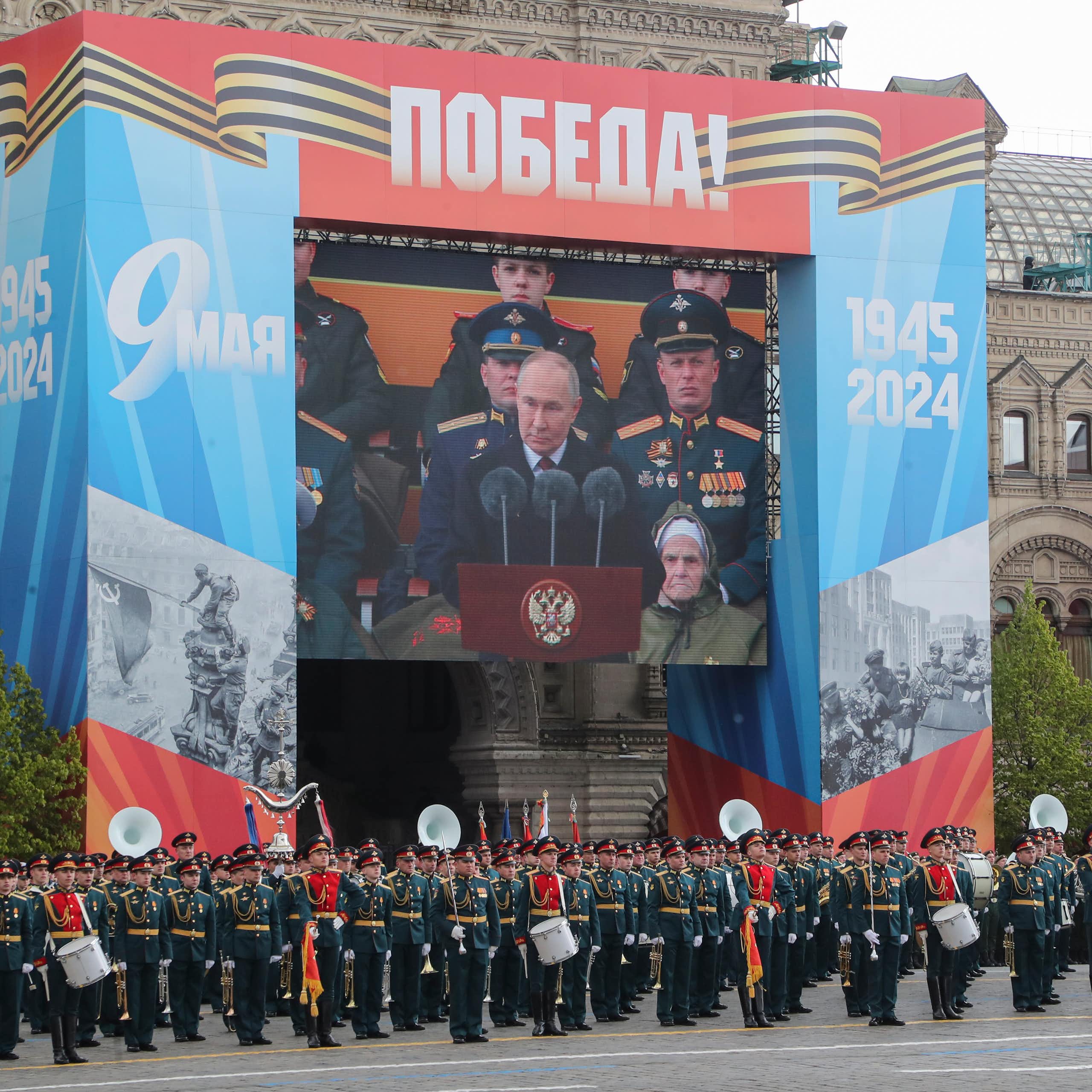 Vladimir Putin delivers his Victory Day speech via video screen in Red Square, Moscow, on May 9 2024