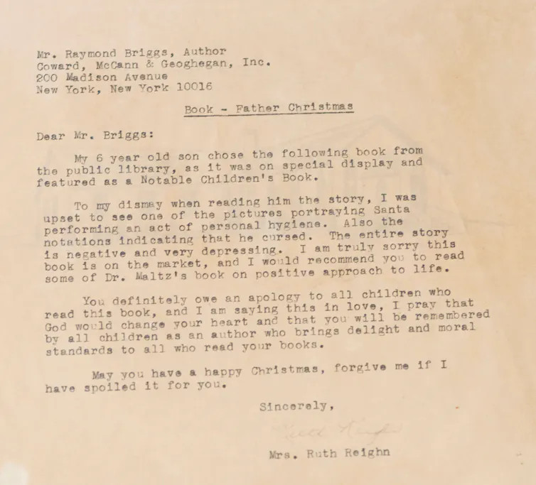 A letter from a disgruntled reader to Raymond Briggs complaining about his grumpy Father Christmas.