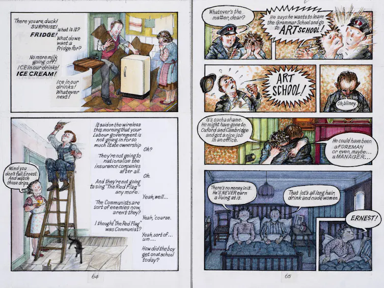 A spread Ethel and Ernest, a cartoon strip book by Raymond Briggs