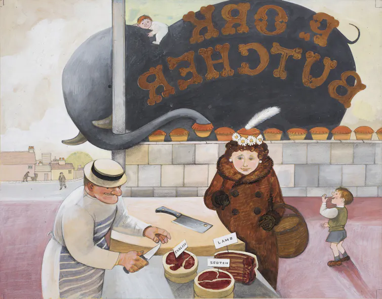 An illustration of a baby and an elephant stealing pies from a butcher's shop.