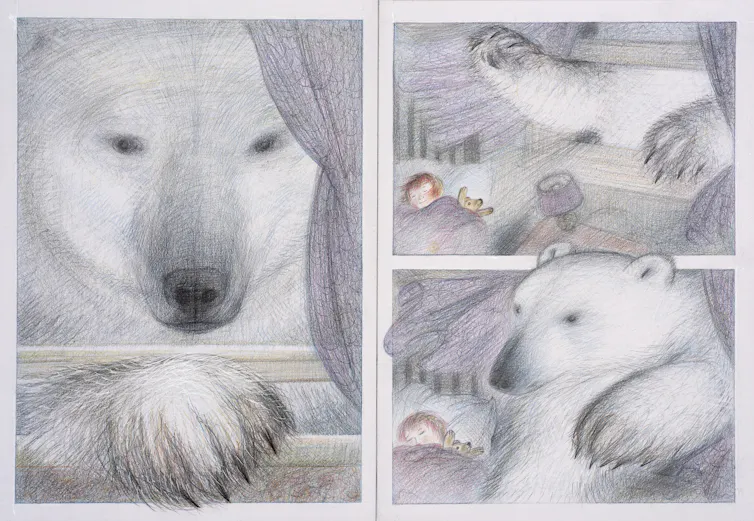 A beautiful illustration of a polar bear from a children's book called The Bear by Raymond Briggs.