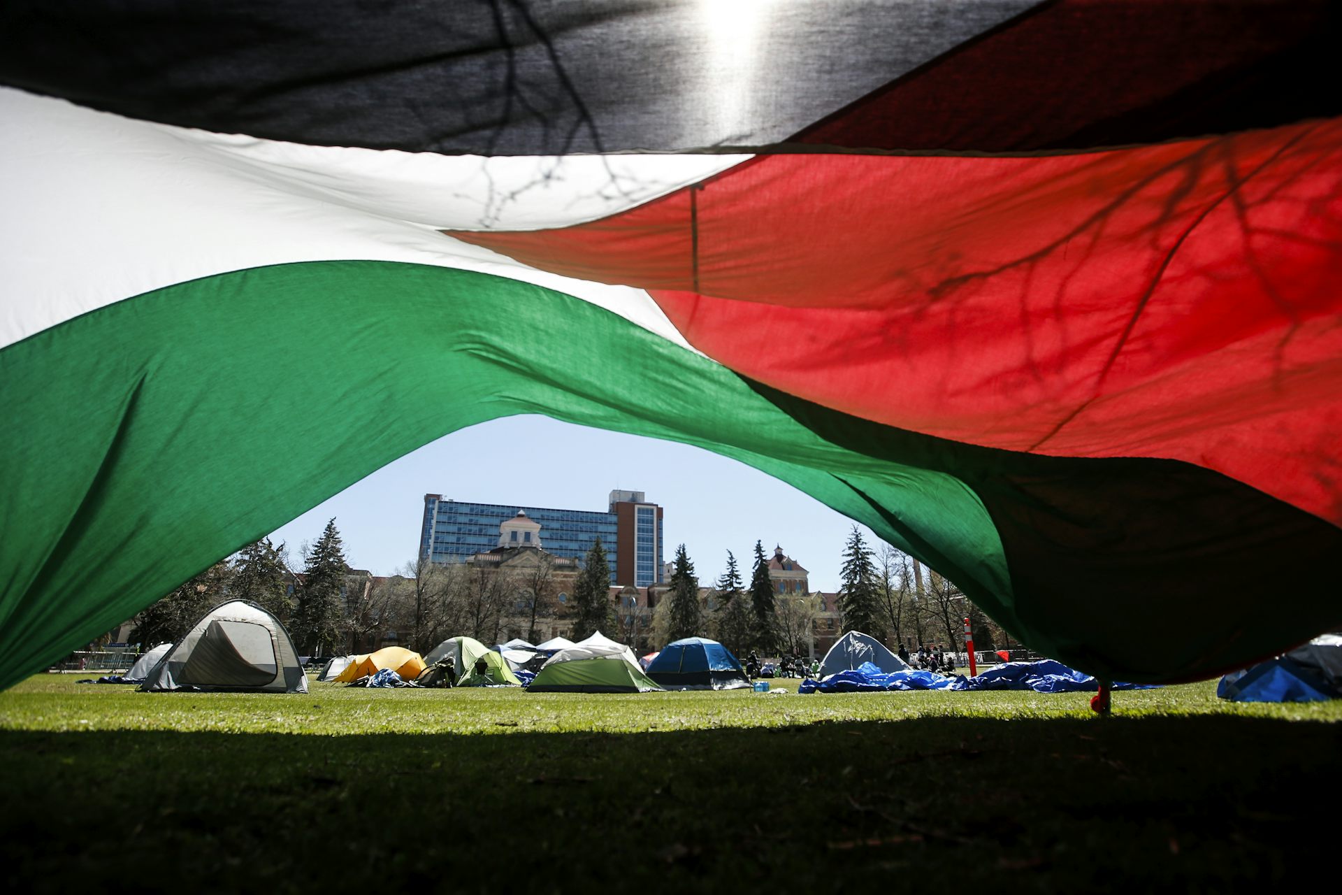 tents under a Palestinian flag