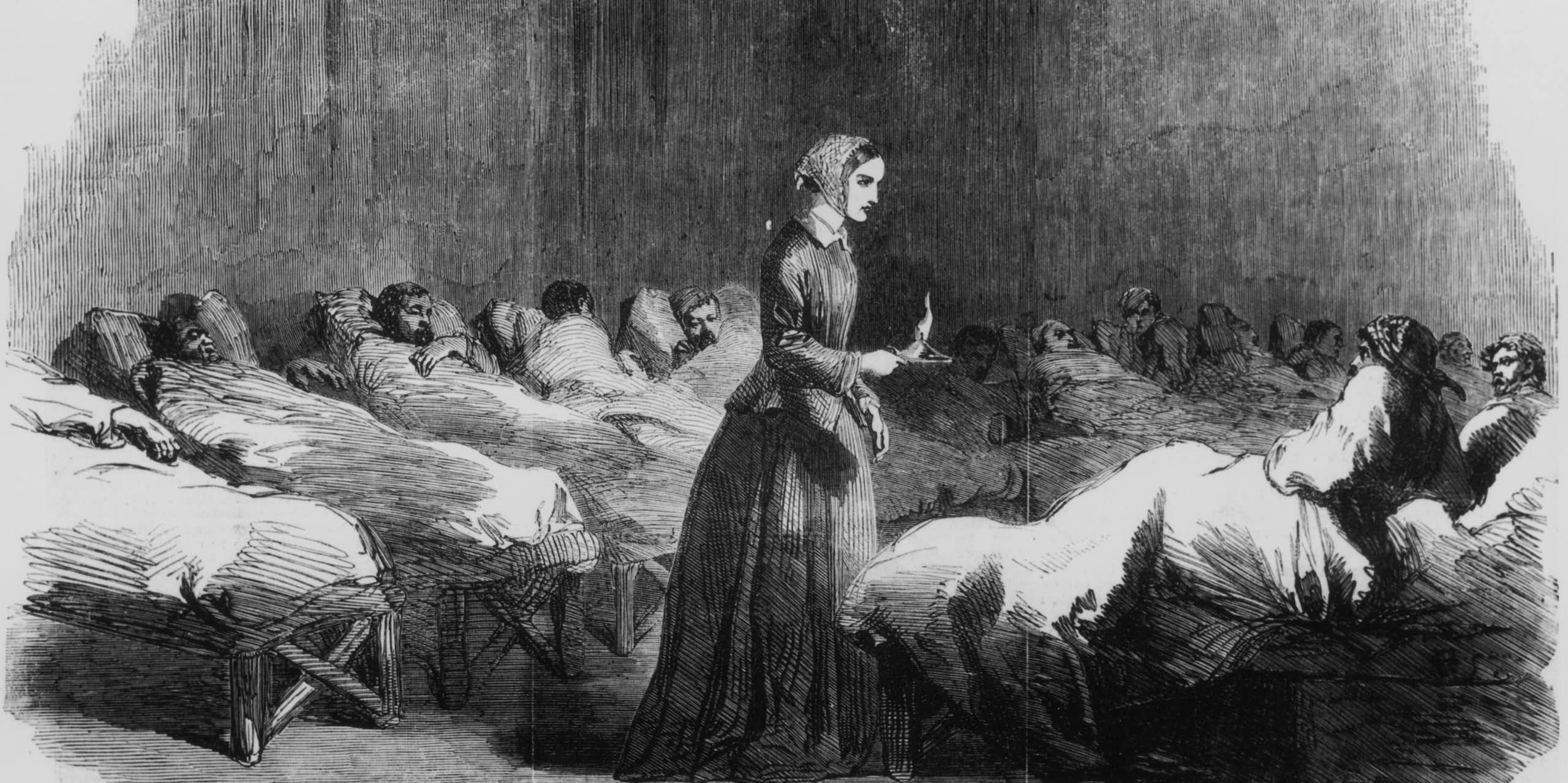Illustration of English nurse Florence Nightingale overseeing patients lying in beds in a hospital. 