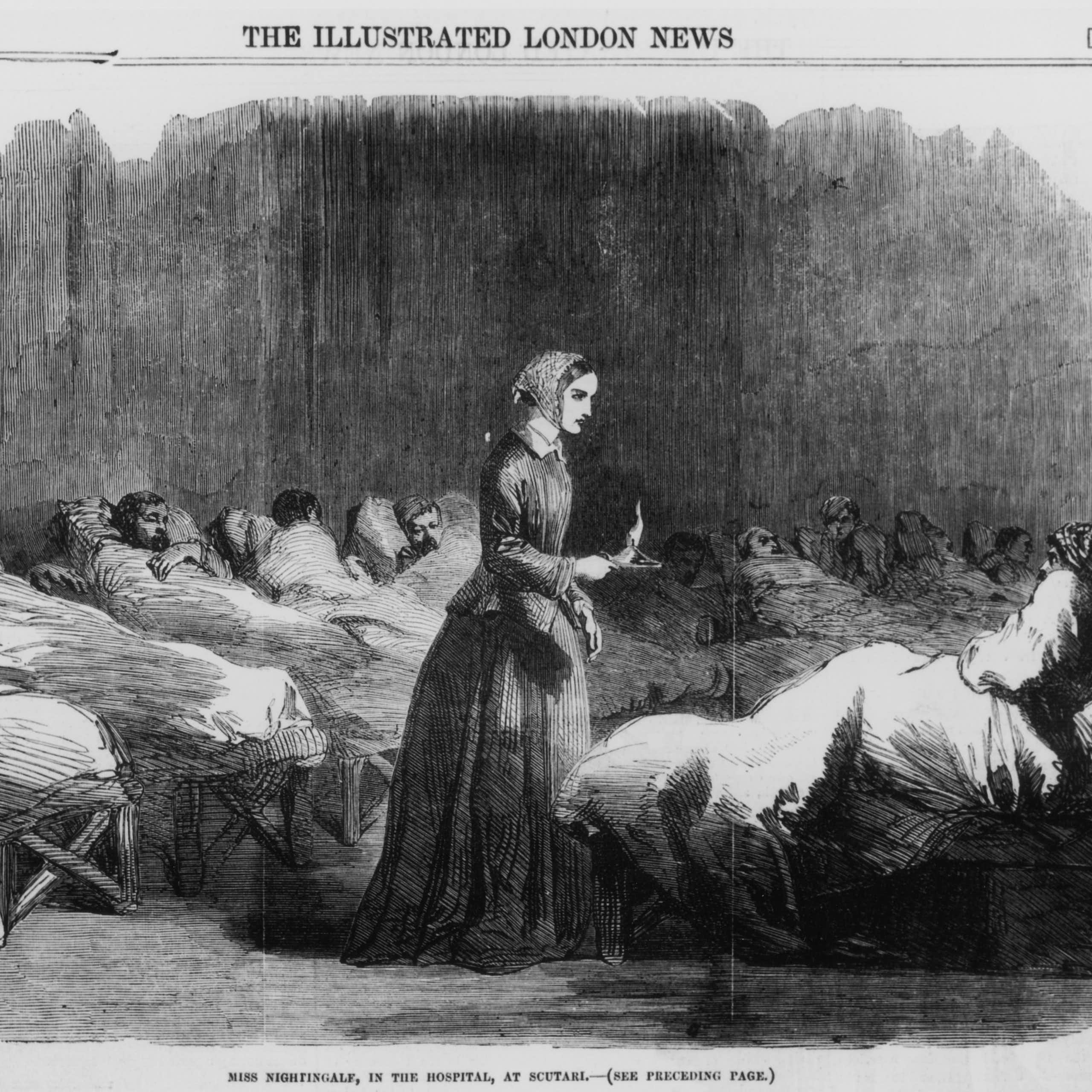 Illustration of English nurse Florence Nightingale overseeing patients lying in beds in a hospital. 