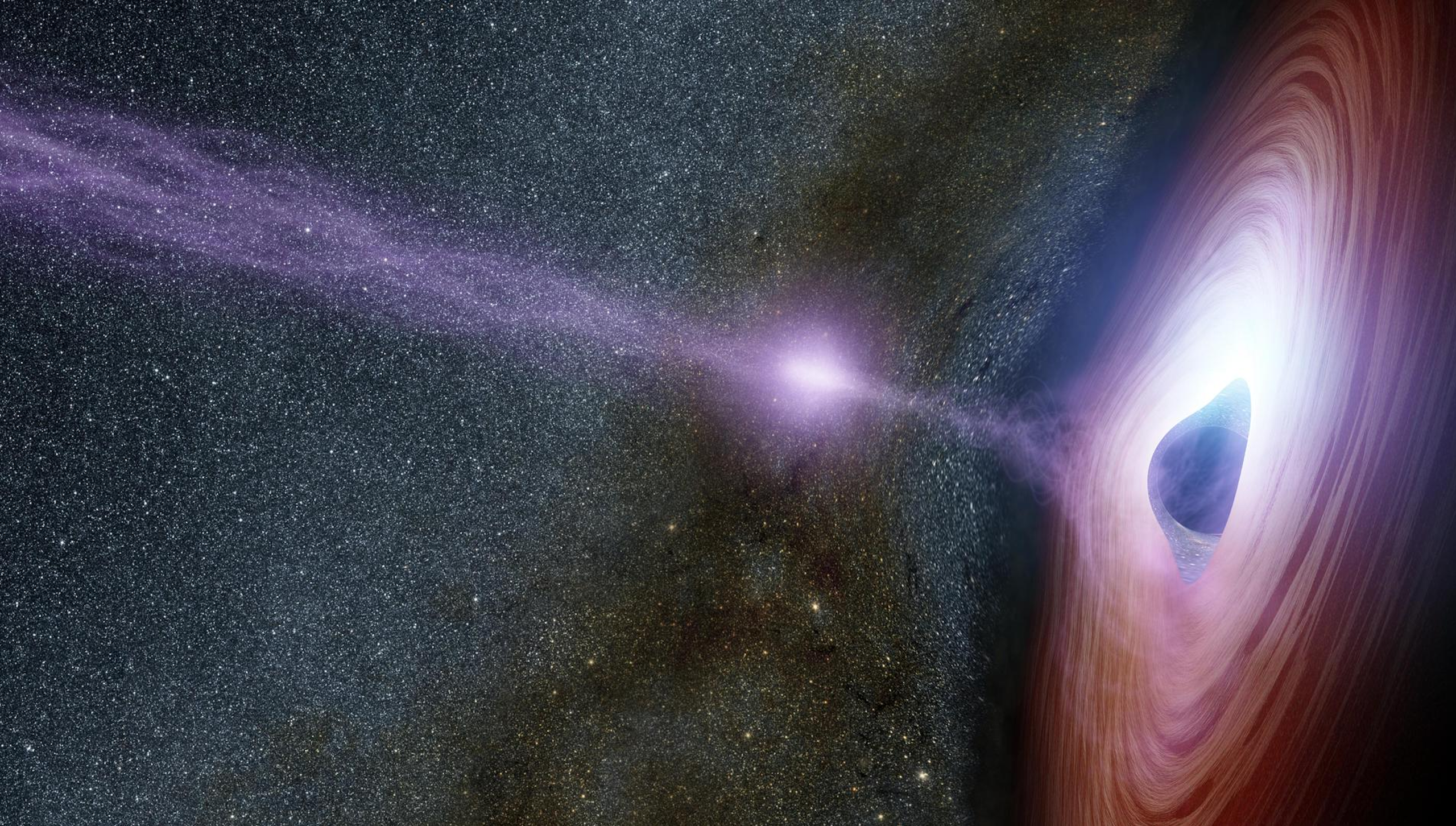 An illustration of a supermassive black hole with a swirling disk of material moving into its spherical center. 