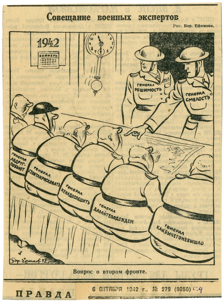 Una caricatura que muestra varias figuras militares, todas etiquetadas en letras cirílicas.