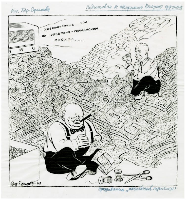 A cartoon showing Winston Churchill and Dwight Eisenhower sewing buttons on military uniforms.