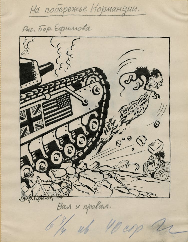 A cartoon depicting a tank with US and British flags rolling over German fortifications.