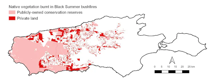 Map of Kangaroo Island showing almost a third of the native vegetation burnt during the Black Summer fires was on private land