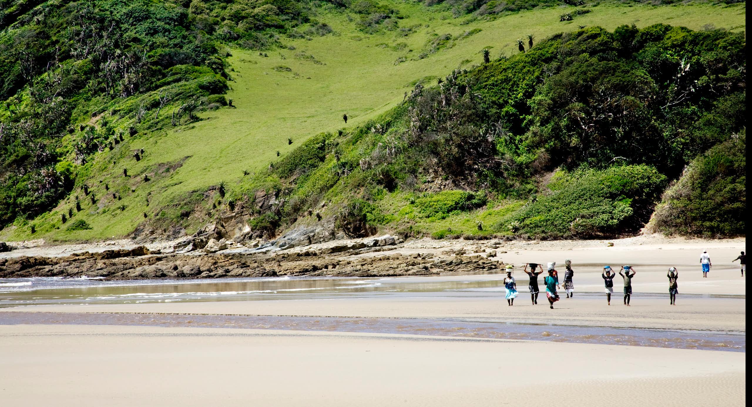 A verdant green landscape unfolds behind a rocky beach on which a group of people are walking with buckets balanced on their heads