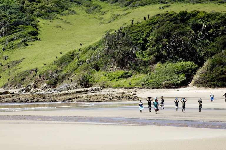 A verdant green landscape unfolds behind a rocky beach on which a group of people are walking with buckets balanced on their heads